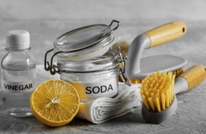 Front view of eco-friendly cleaning brushes with lemon and baking soda